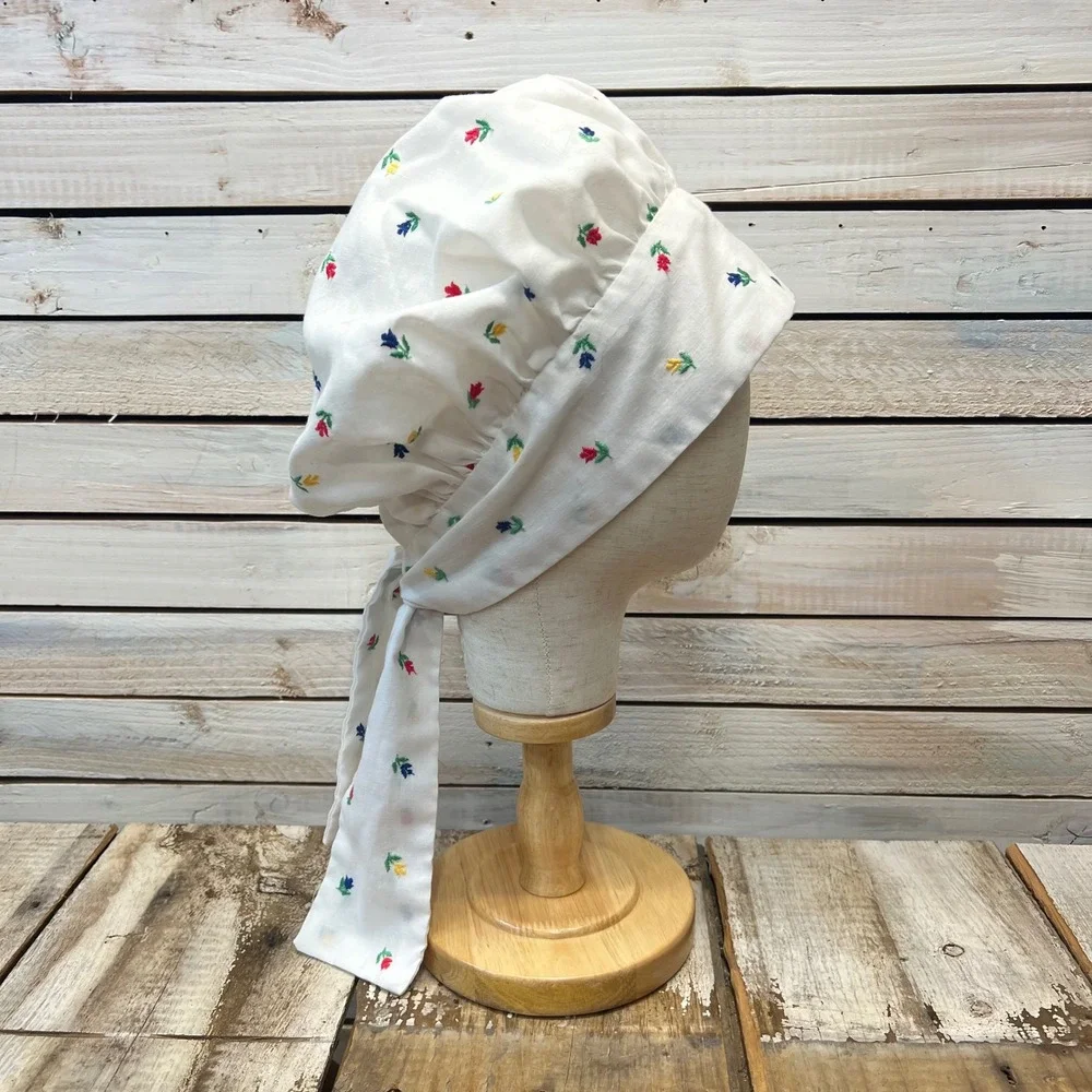Vintage‎ White cotton Floral Embroidered Bonnet Prairie Pioneer Sun Hat OS